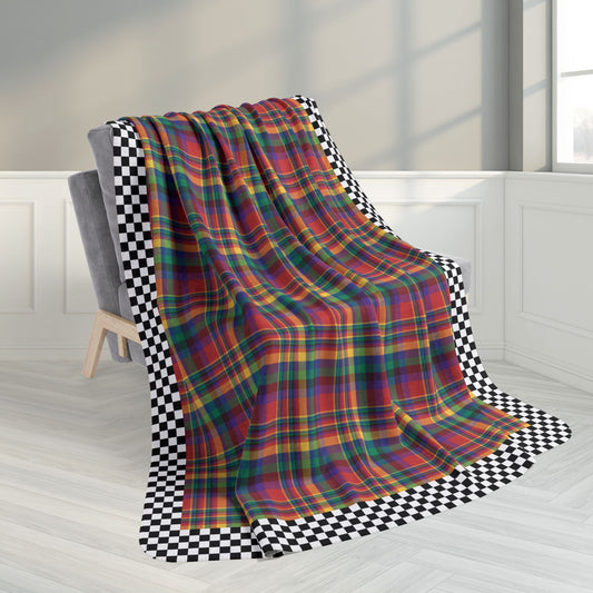 60" × 80" Red, Yellow, Green, Blue & Purple Ohio Plaid with Checkered Edge Fleece Sherpa Blanket