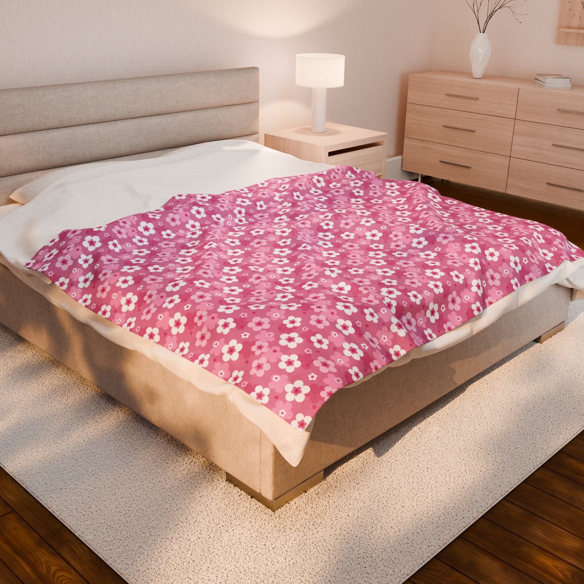 60" × 80" Pink Cherry Blossoms Velveteen Plush Blanket