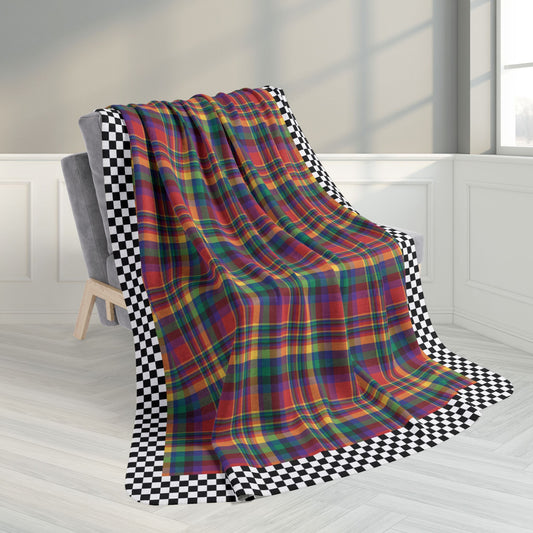 60" × 80" Grey Red, Yellow, Green, Blue & Purple Sandusky OH Plaid with Checkered Edge Fleece Sherpa Blanket