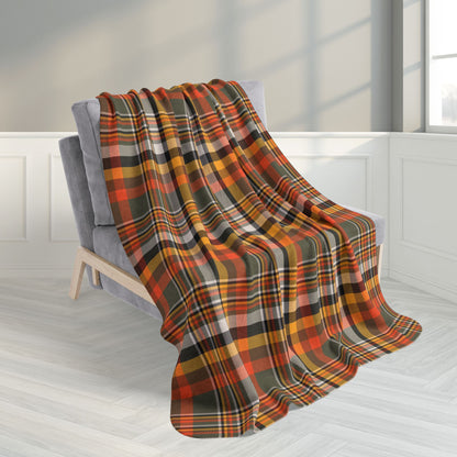 50" × 60" Dark Green, Orange & Gold Elysburg PA Plaid Fleece Sherpa Blanket
