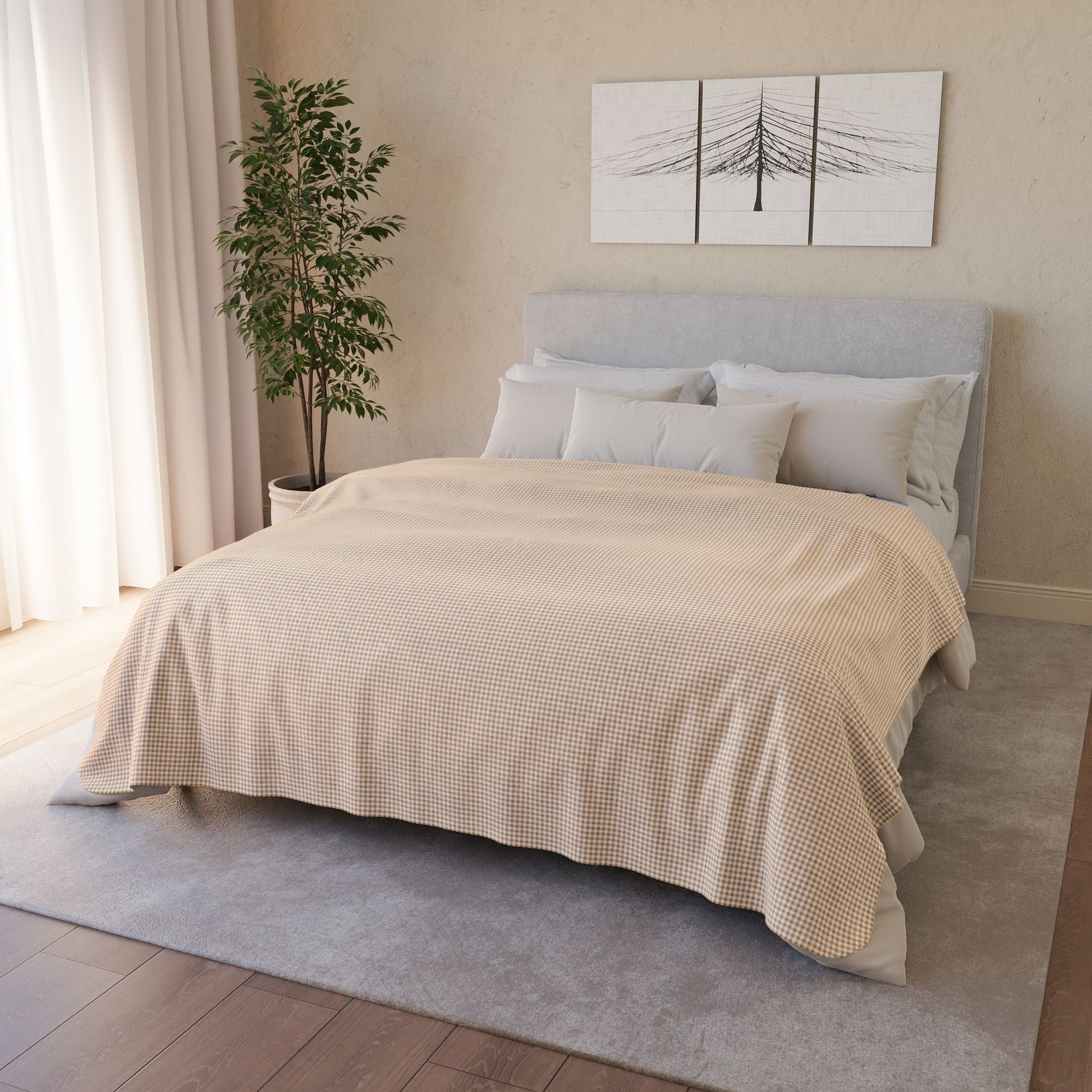 Pale Gold & White Gingham Fleece Sherpa Blanket