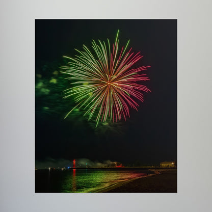 Green & Pink 4th of July Fireworks over Kenosha Pier Light Rolled Poster