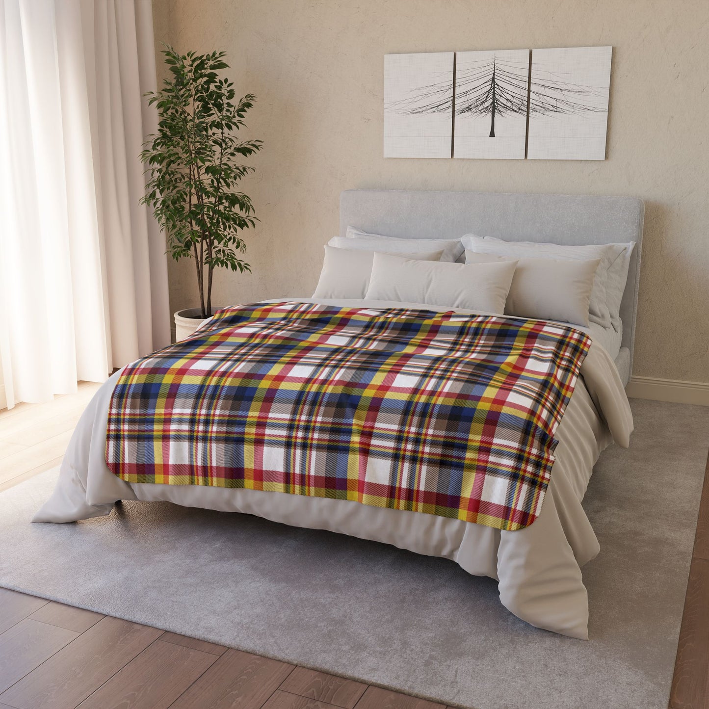 White, Red & Blue Brooklyn NY Plaid Fleece Sherpa Blanket