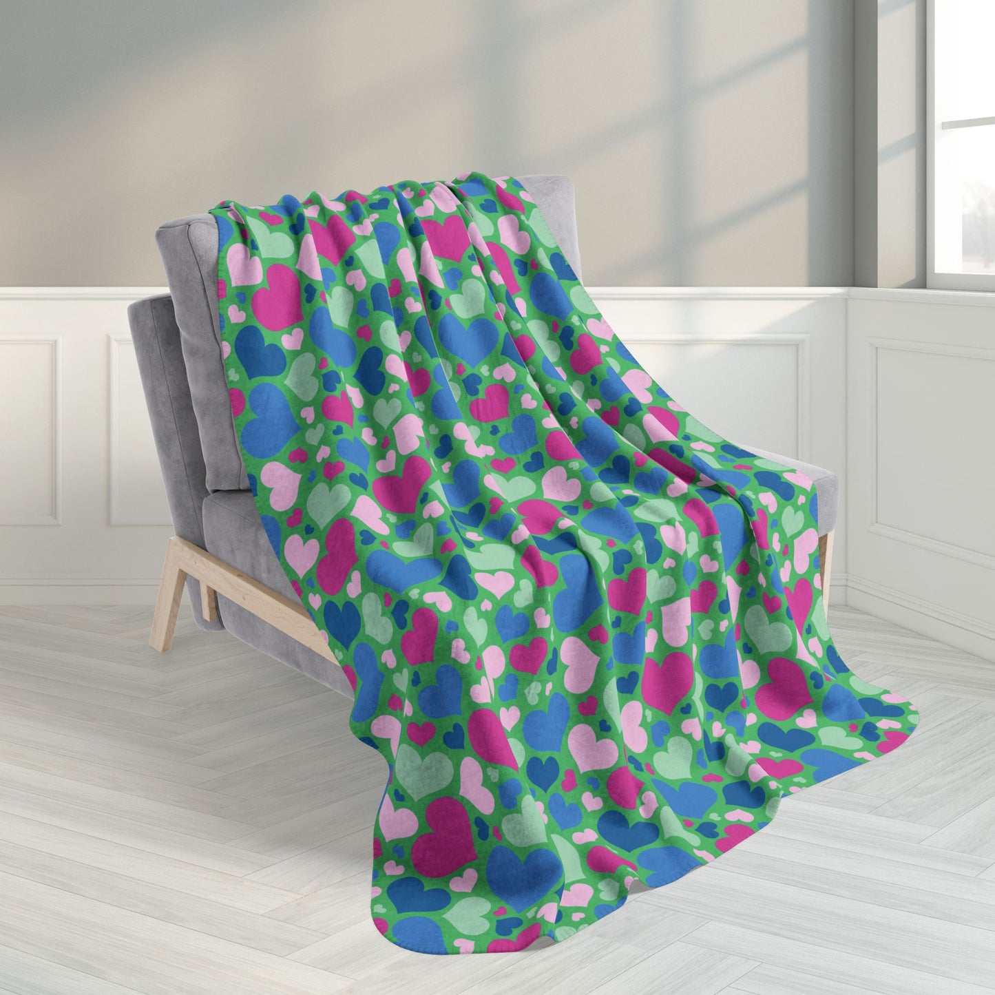 50" × 60" Polysexual Pride Valentine’s Day Hearts White Green Sherpa Blanket