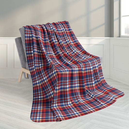 60" × 80" Blue, Red & White Ohio Plaid Fleece Sherpa Blanket