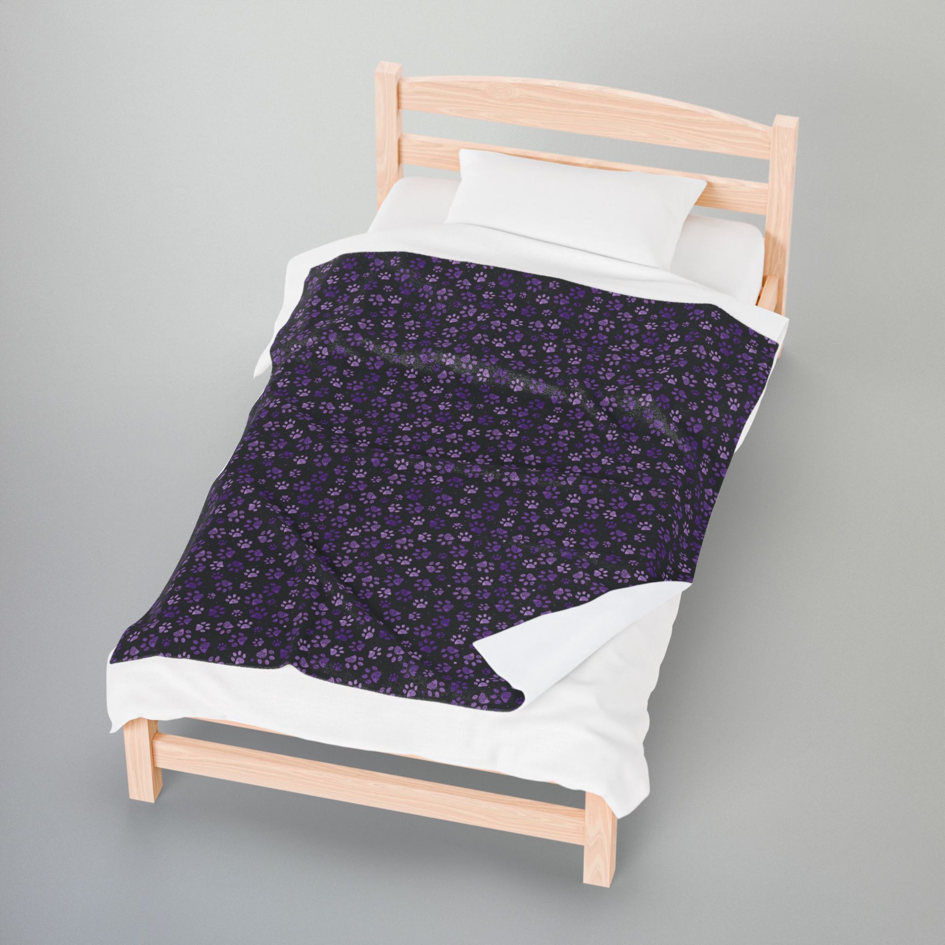 Purple Paw Prints Black Velveteen Plush Blanket