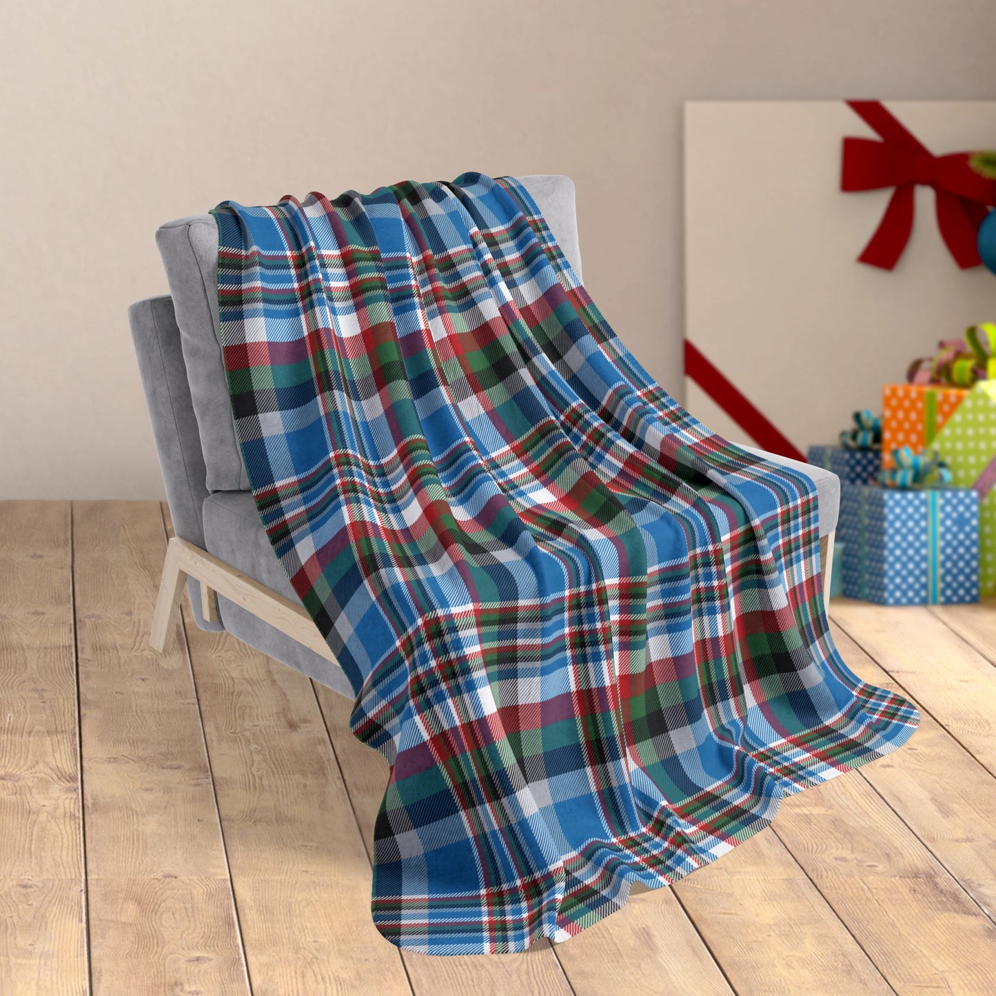 50" × 60" Christmas Blue & Silver Detroit MI Plaid Fleece Sherpa Blanket