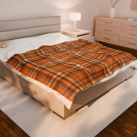 Autumn Orange Plaid Velveteen Plush Blanket
