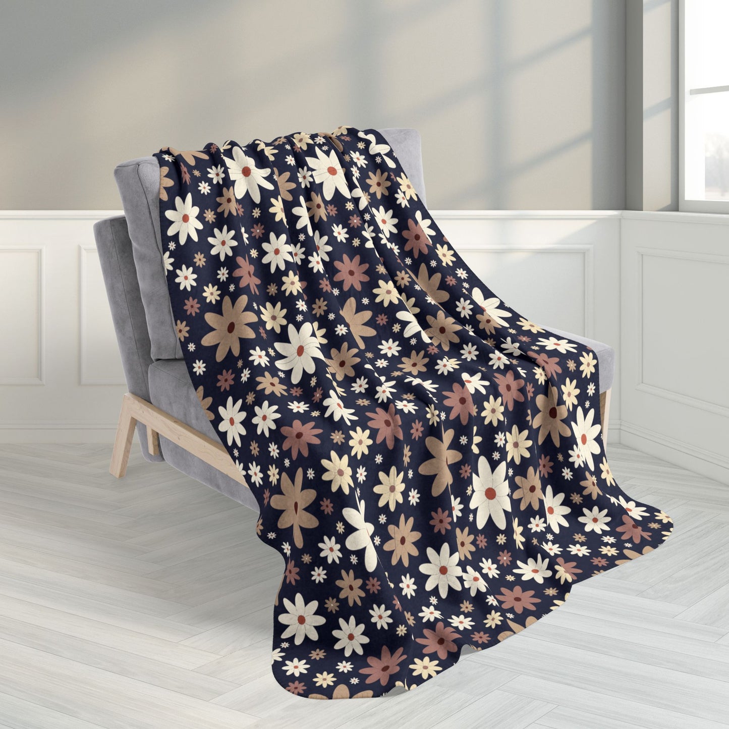 Daisies Fleece Sherpa Navy Blue Blanket