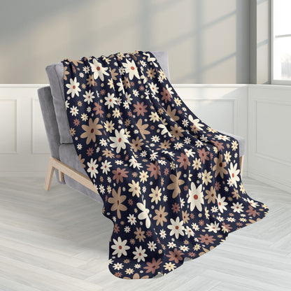 Daisies Fleece Sherpa Navy Blue Blanket
