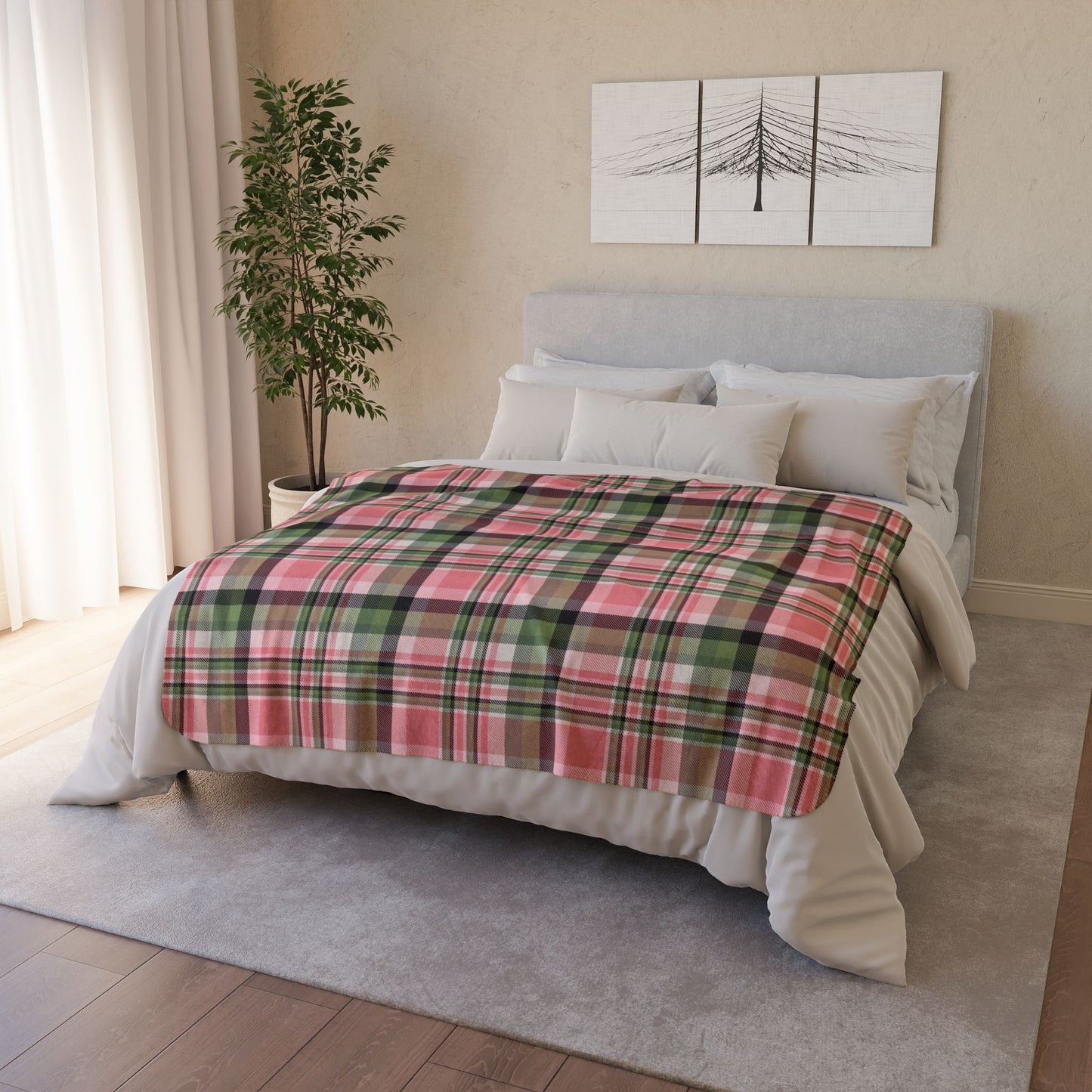 Christmas Pink & Green Plaid Fleece Sherpa Blanket