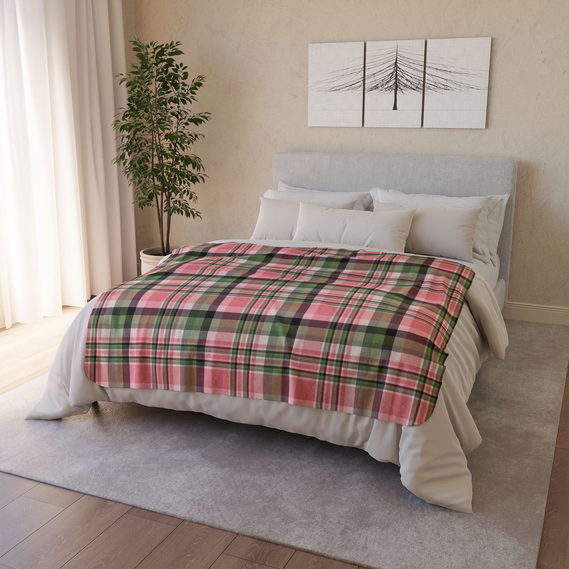 Christmas Pink & Green Plaid Fleece Sherpa Blanket