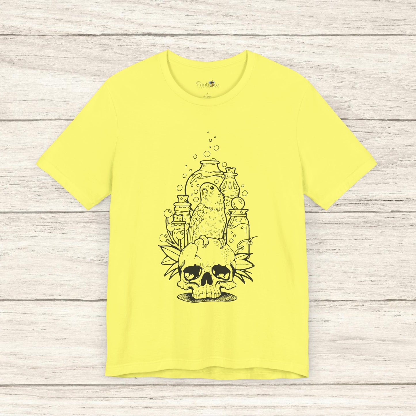 Crazy Scientist Lovebird Sitting on a Skull, Line Art Tee