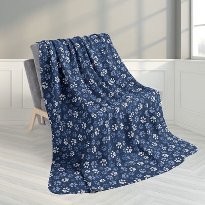 60" × 80" Blue Paw Prints Black Fleece Sherpa Blanket