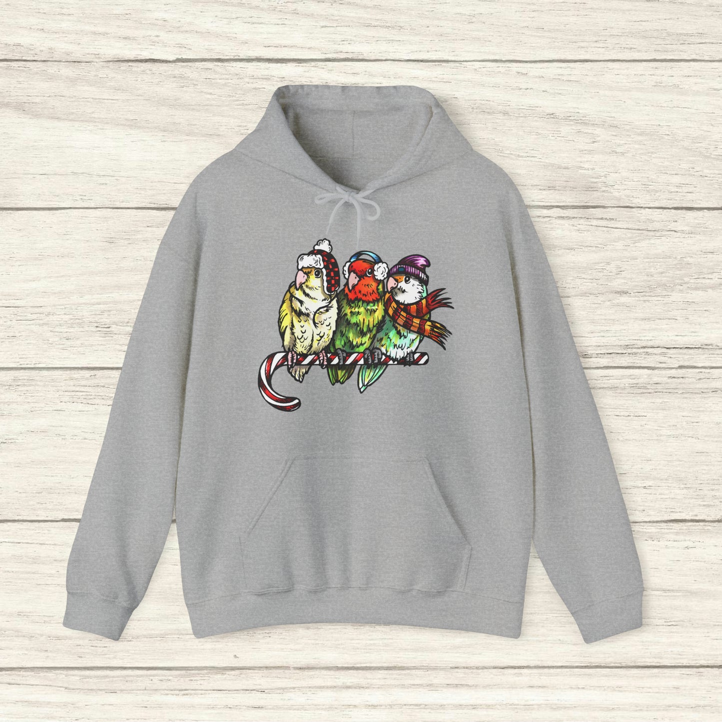 3 Lovebirds with Winter Wear & Perched on a Candy Cane, Hooded Sweatshirt