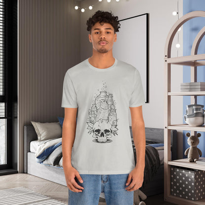 Crazy Scientist Lovebird Sitting on a Skull, Line Art Tee