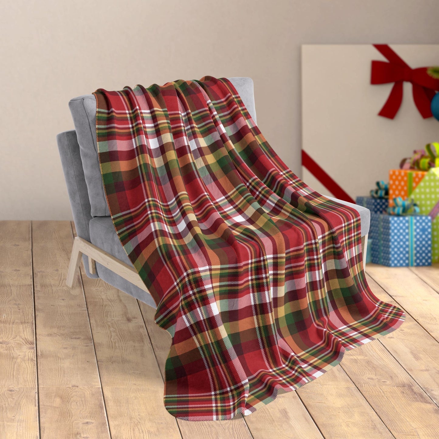 50" × 60" Christmas Red, Green & Gold Rustic Plaid Fleece Sherpa Blanket