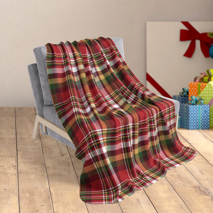 50" × 60" Christmas Red, Green & Gold Rustic Plaid Fleece Sherpa Blanket