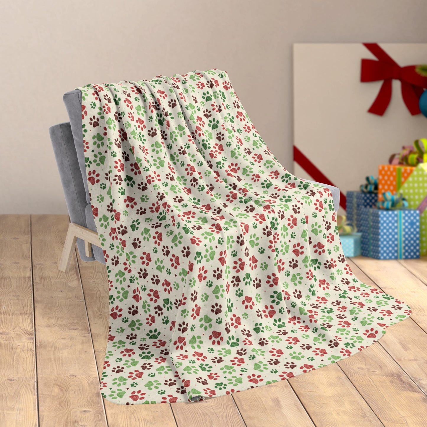 60" × 80" Christmas Paw Prints Cream Fleece Sherpa Blanket