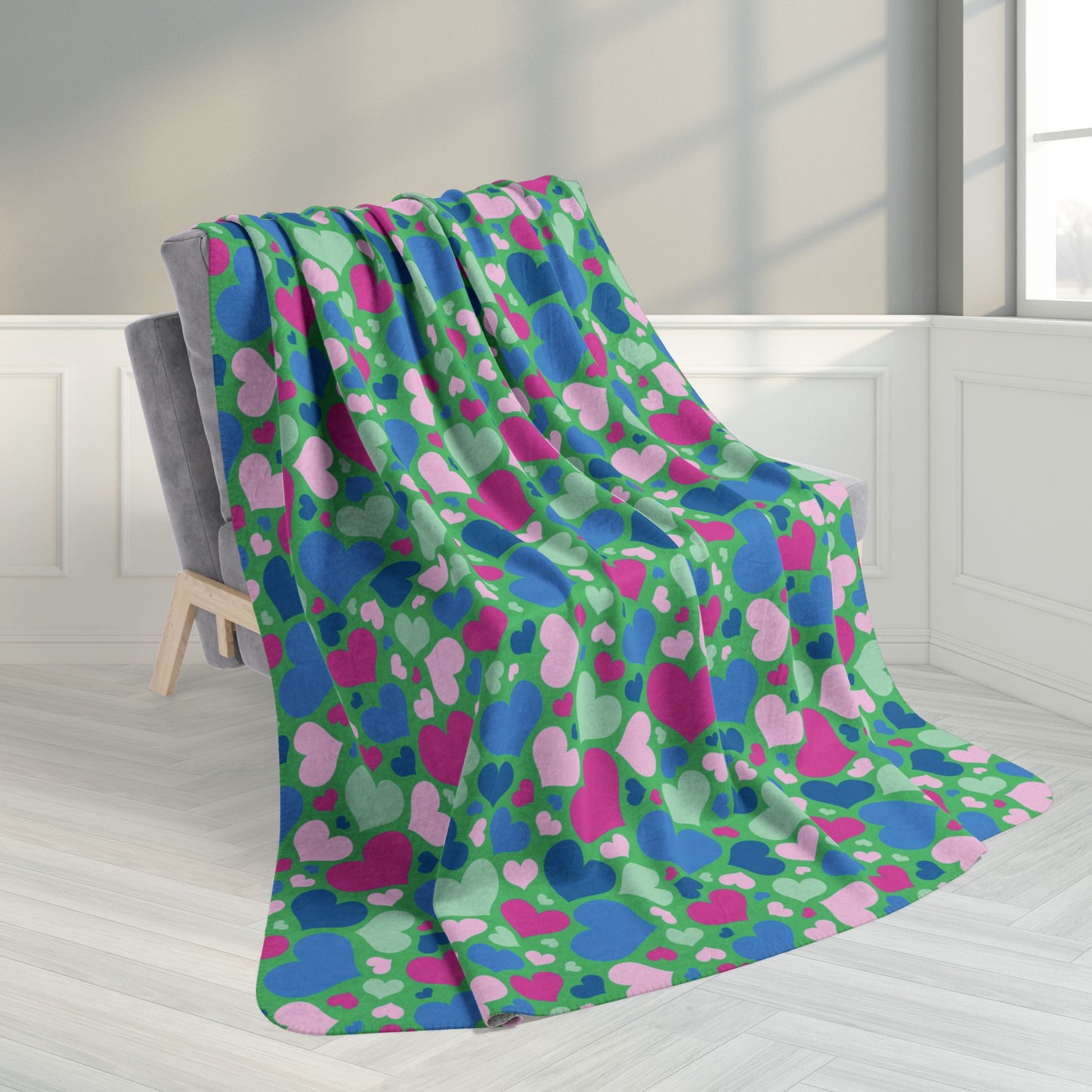 60" × 80" Polysexual Pride Valentine’s Day Hearts White Green Sherpa Blanket