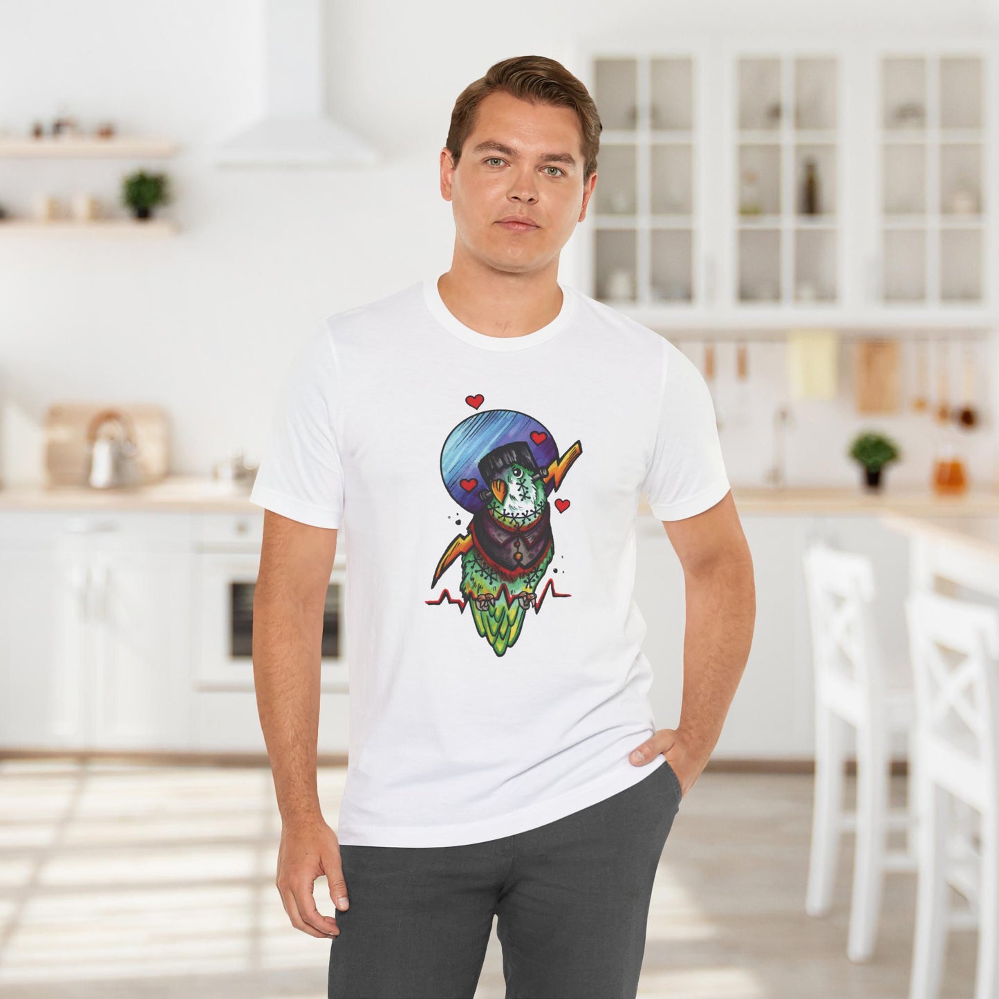 Frankenstein Lovebird, Hand-Drawn & Hand-Colored Tee