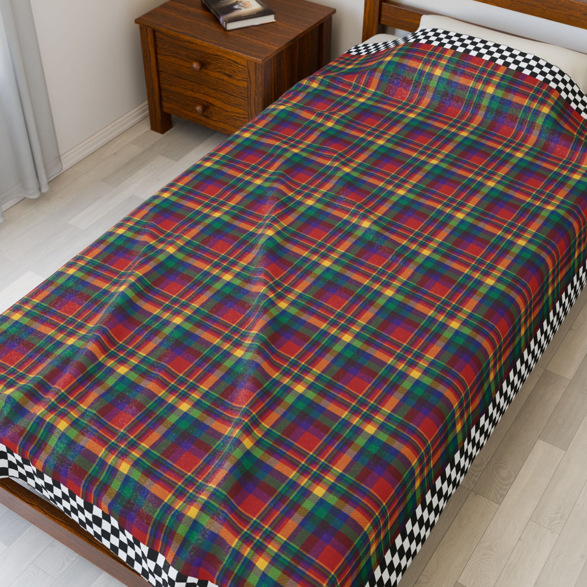 Red, Yellow, Green, Blue & Purple Sandusky OH Plaid with Checkered Edge Velveteen Plush Blanket