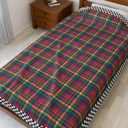 Red, Yellow, Green, Blue & Purple Sandusky OH Plaid with Checkered Edge Velveteen Plush Blanket