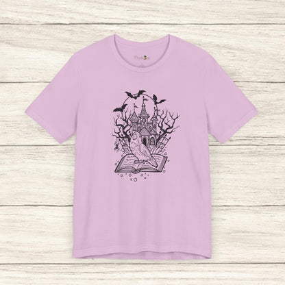 Lovebird on a Spell Book by a Haunted House, Line Art Tee