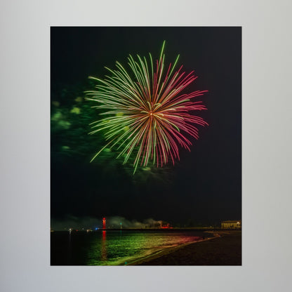 Green & Pink 4th of July Fireworks over Kenosha Pier Light Rolled Poster