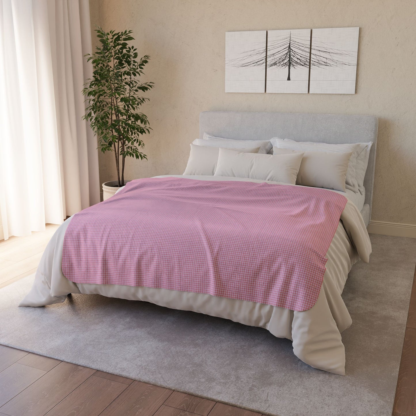 50" × 60" Beige Pink & Lavender Gingham Fleece Sherpa Blanket
