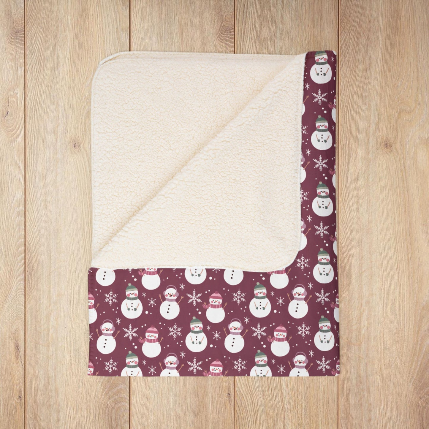 Christmas Pink & Green Snowman Mauve Fleece Sherpa Blanket