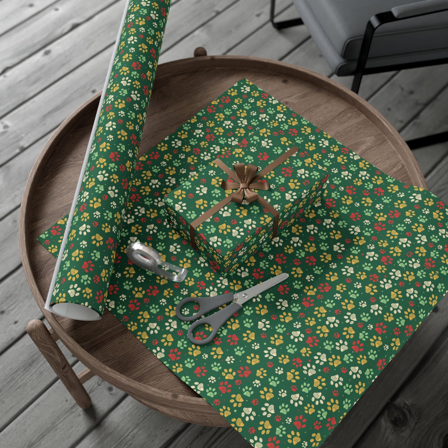 MCM Christmas Green, Gold, Red & Cream Paw Print Gift Wrapping Paper Roll
