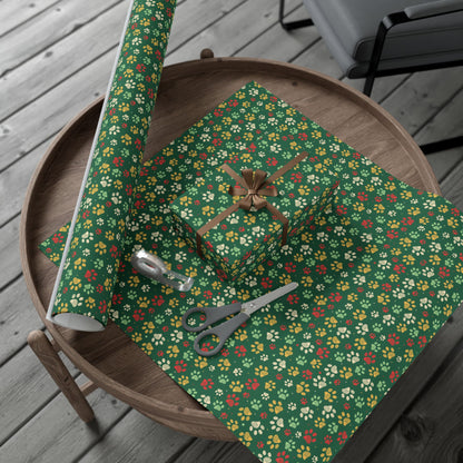MCM Christmas Green, Gold, Red & Cream Paw Print Gift Wrapping Paper Roll
