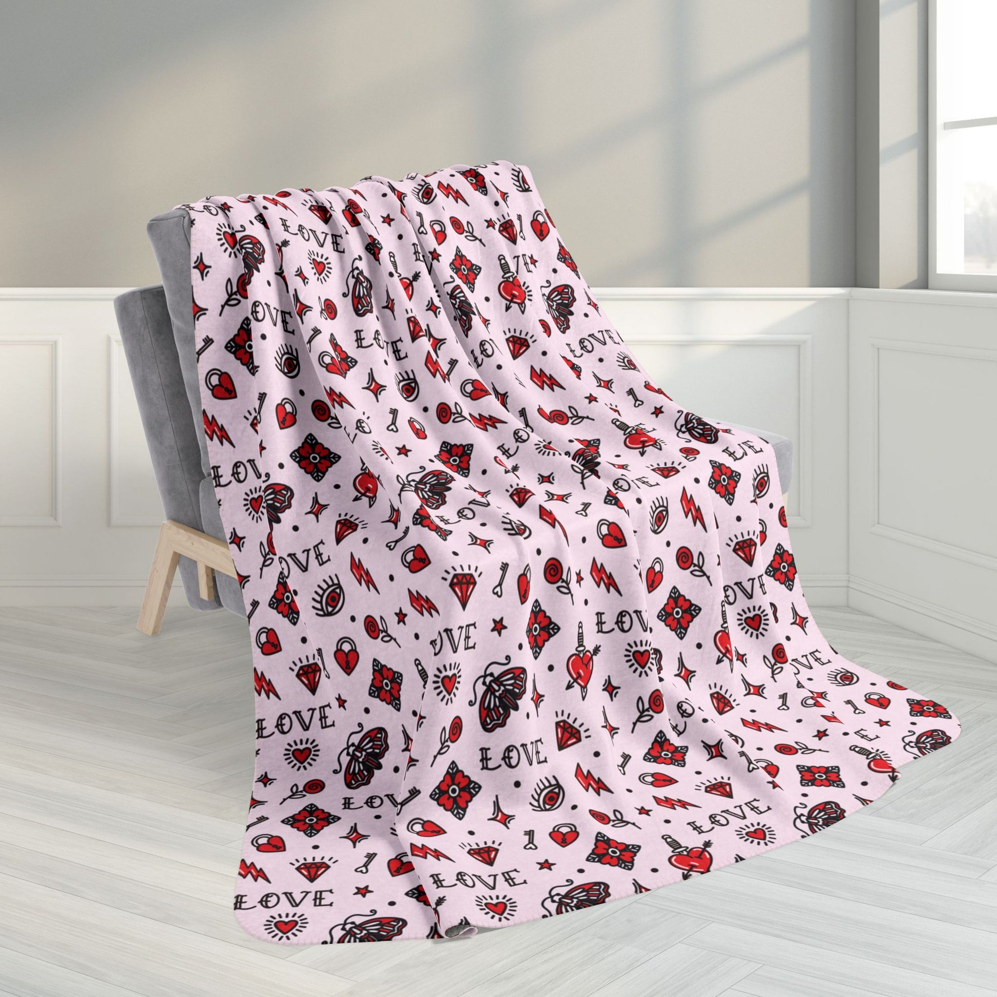 60" × 80" Tattoo Love Valentine’s Day Pink Fleece Sherpa Blanket