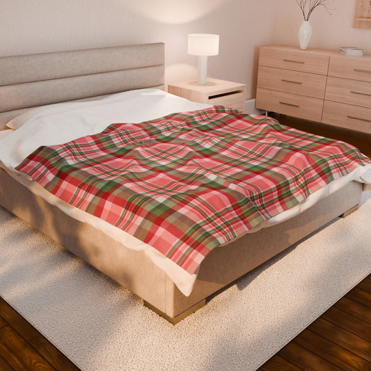 Christmas Pink & Red Plaid Velveteen Plush Blanket