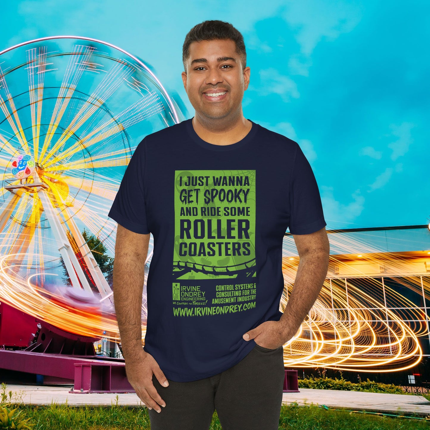 I Just Wanna Get Spooky & Roller Coasters Tee (FRONT graphic) • Irvine Ondrey Engineering