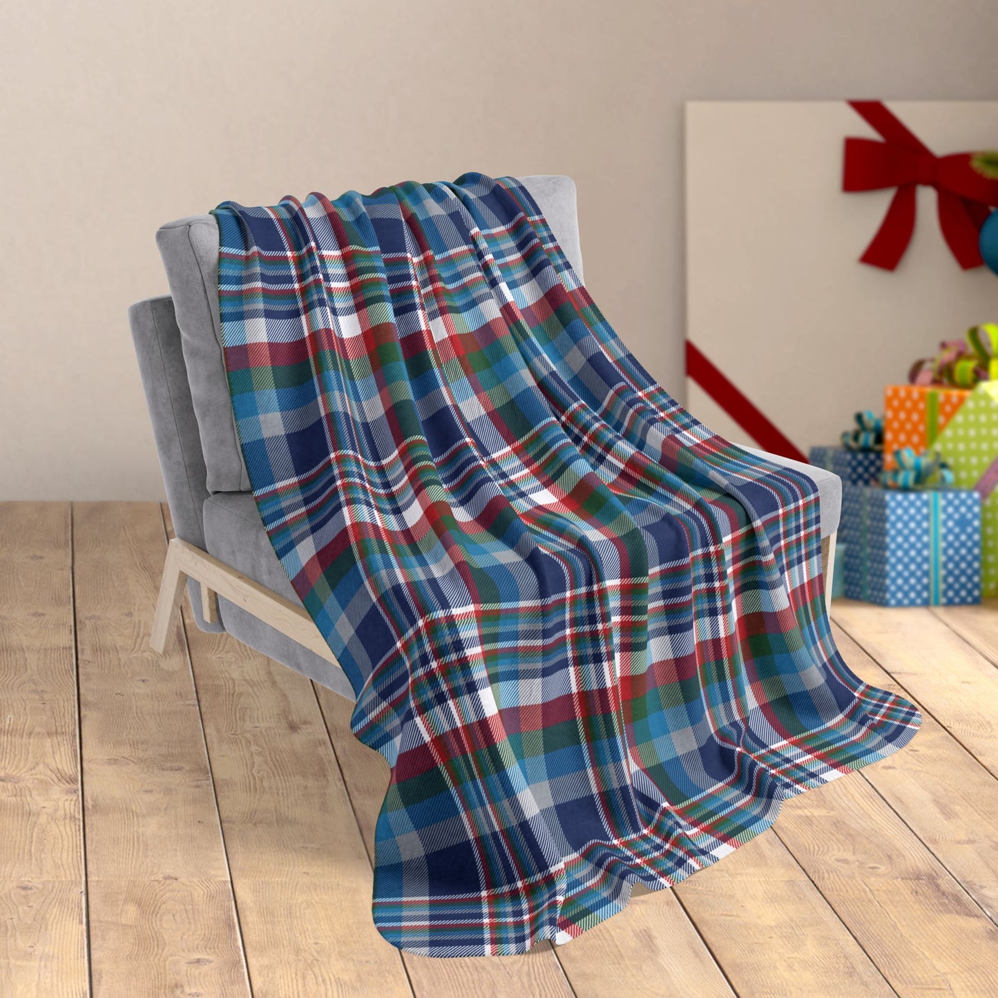 50" × 60" Christmas Blue & White Indianapolis IN Plaid Fleece Sherpa Blanket