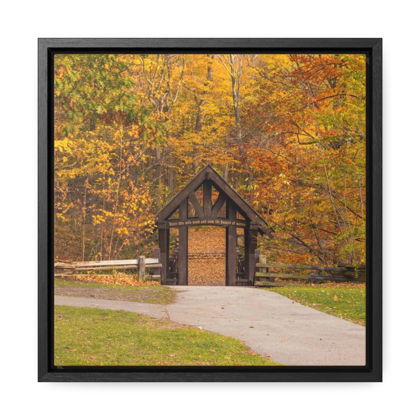 Seven Bridges Trail’s Covered Bridge at Grant Park in South Milwaukee Wisconsin, Photography Square Framed Canvas Wrap Wall Art