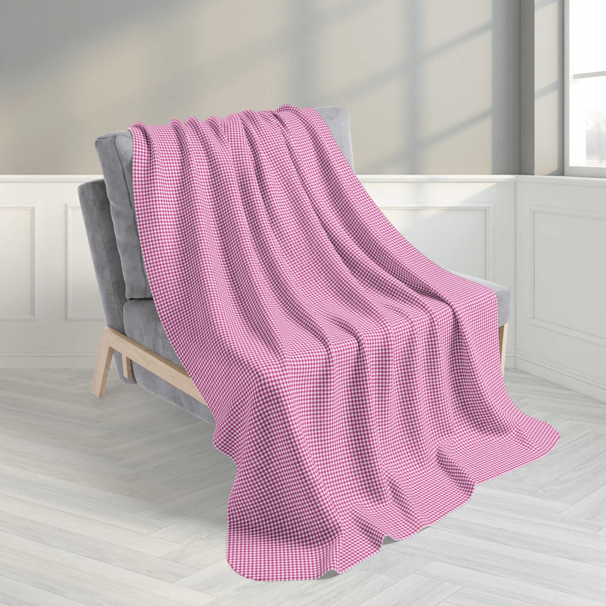 Fuschia & White Gingham Fleece Sherpa Blanket