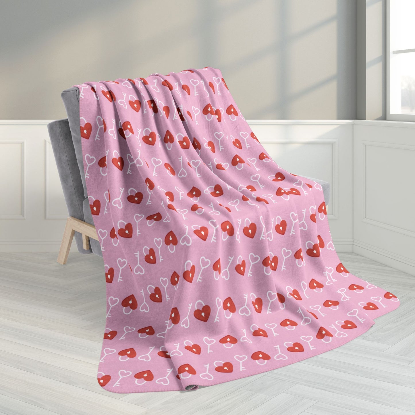 60" × 80" Love Hearts on Padlocks Valentine’s Day Fleece Sherpa Blanket