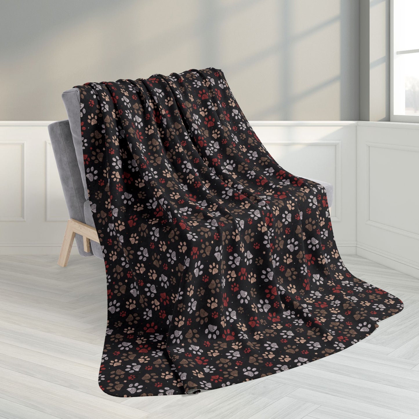 60" × 80" Brown & Grey Ohio Paw Prints Black Fleece Sherpa Blanket