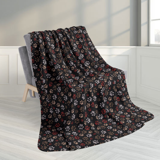 60" × 80" Brown & Grey Ohio Paw Prints Black Fleece Sherpa Blanket