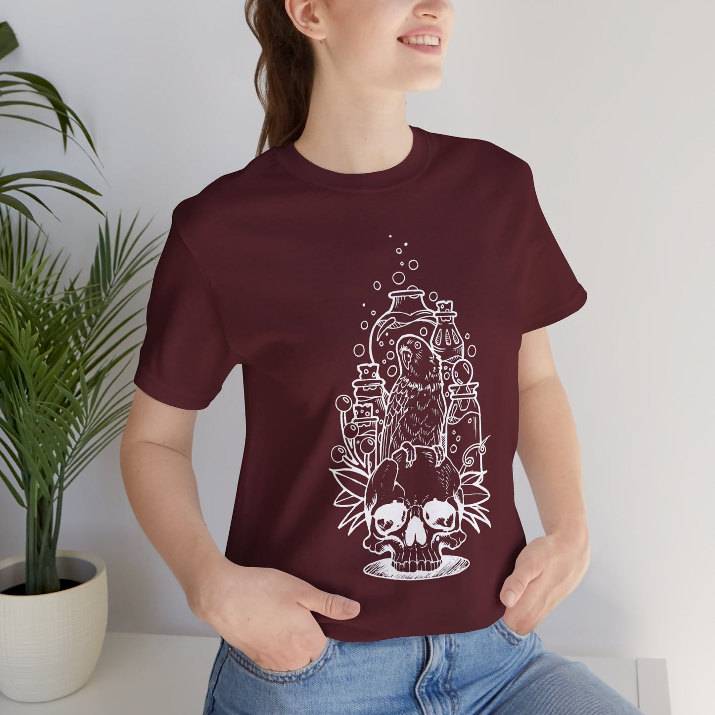 Crazy Scientist Lovebird Sitting on a Skull, Line Art Tee