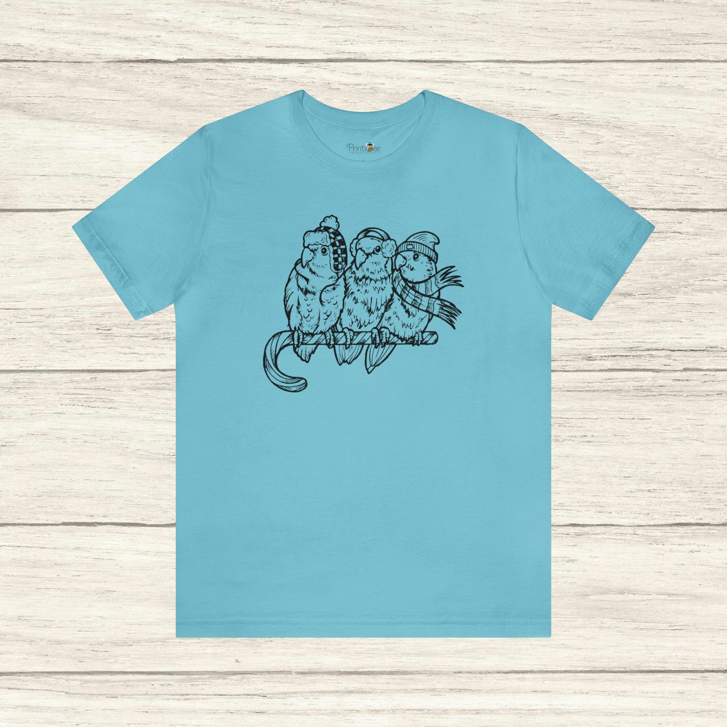 3 tourtereaux en tenue d'hiver et perchés sur une canne en bonbon, t-shirt Line Art