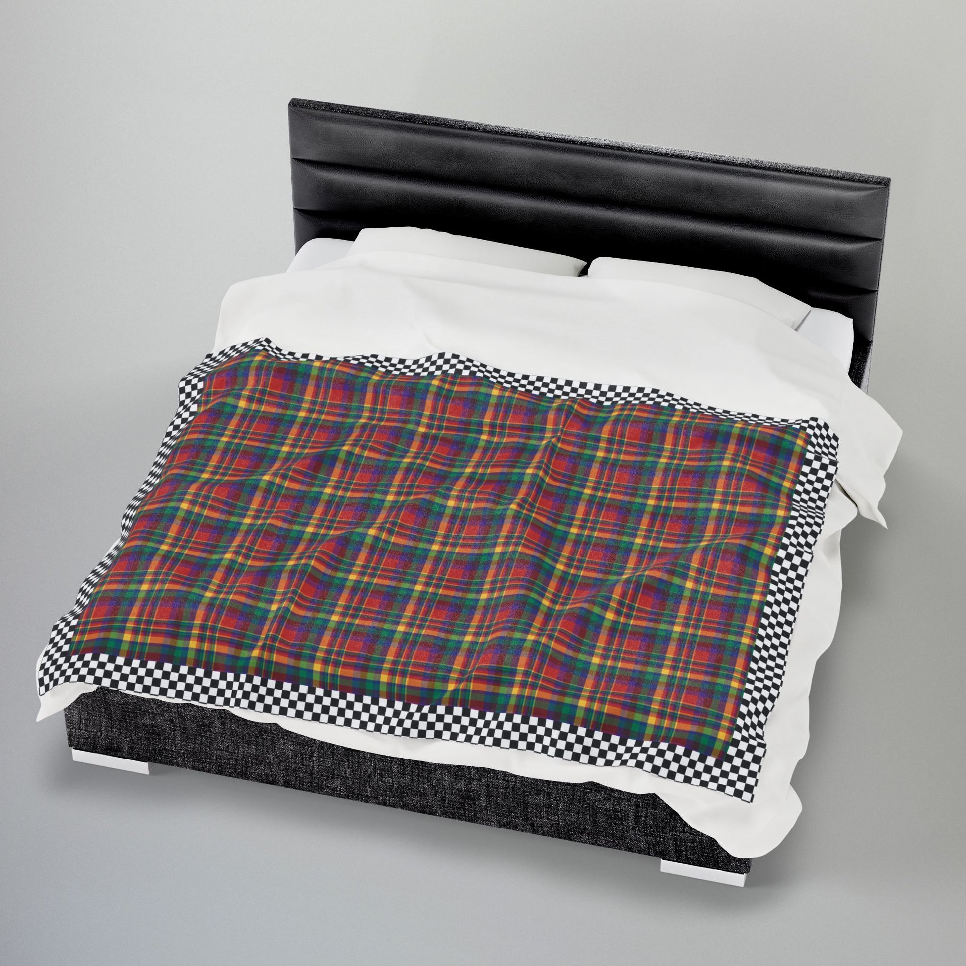 Red, Yellow, Green, Blue & Purple Ohio Plaid with Checkered Edge Velveteen Plush Blanket