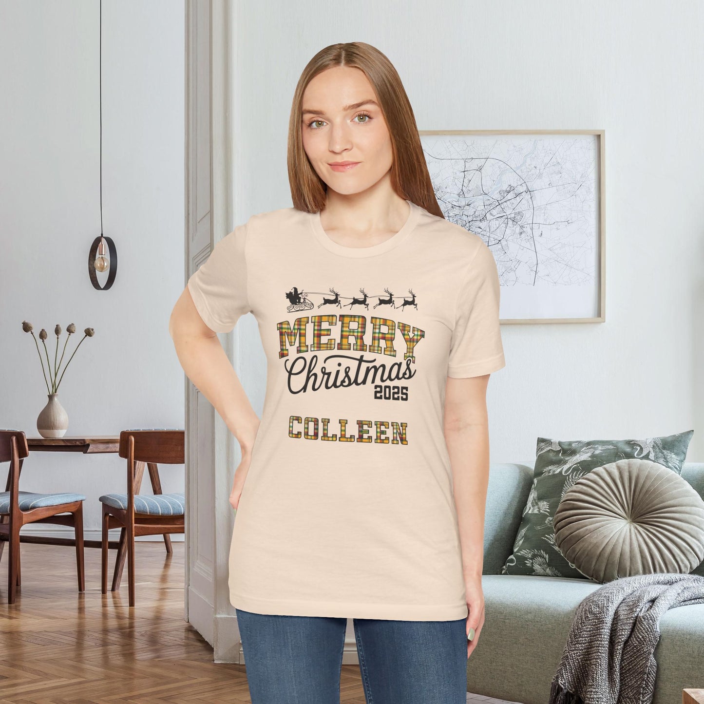 Soft Cream Custom Christmas Green & Gold Green Bay WI Plaid Pajama Tee Top