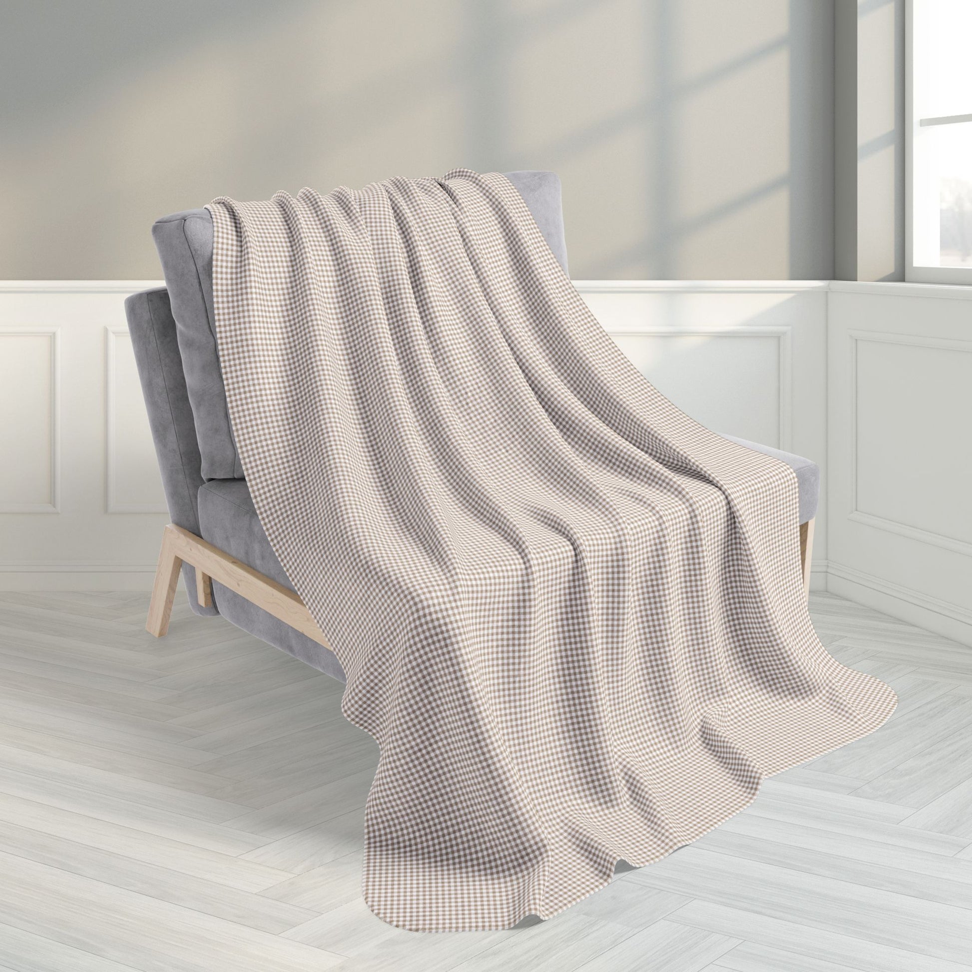 Khaki & White Gingham Fleece Sherpa Blanket