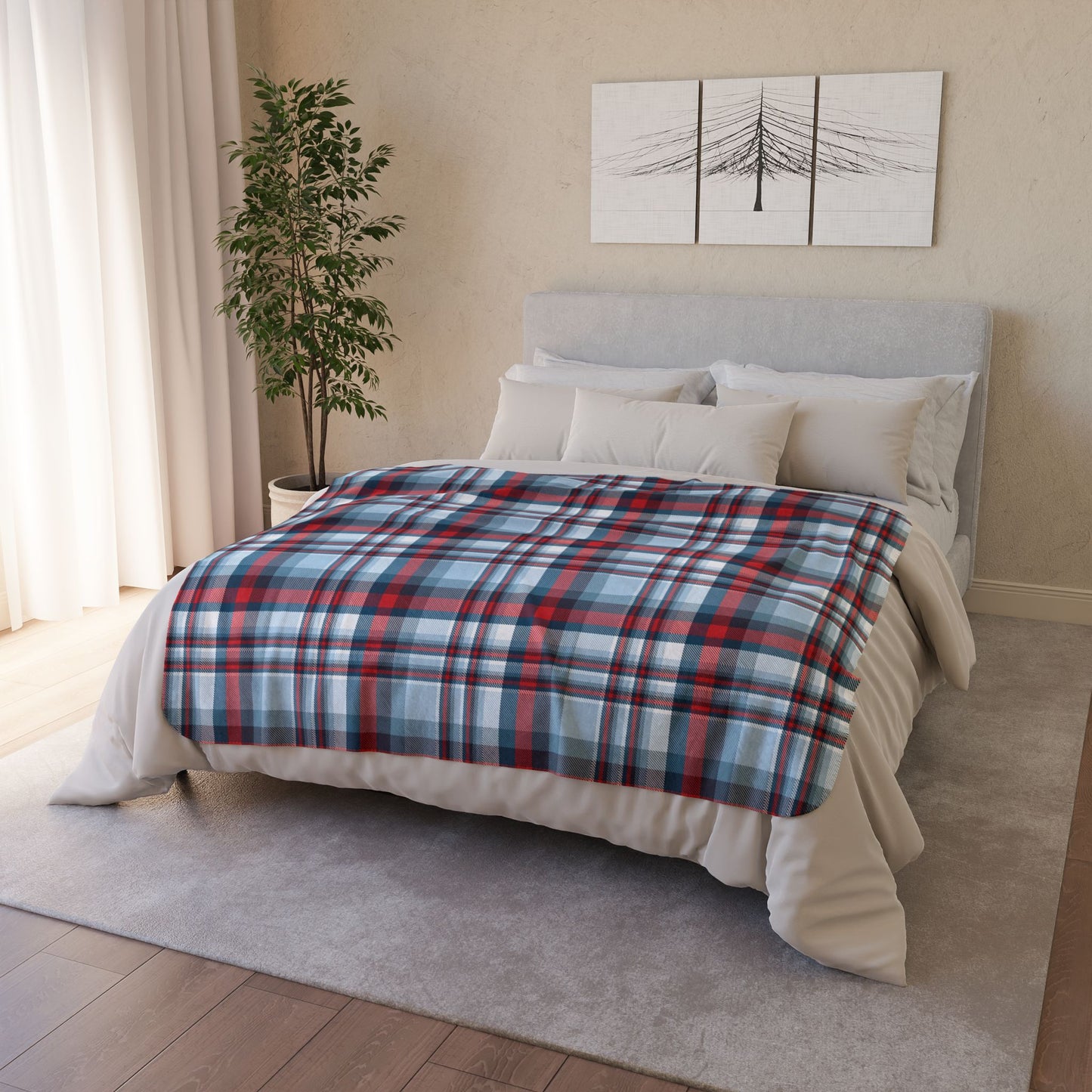 Nautical Teal Plaid Fleece Sherpa Blanket
