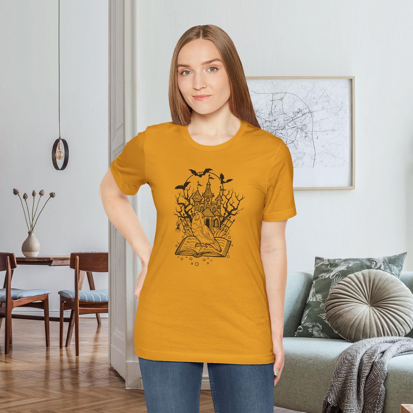 Lovebird on a Spell Book by a Haunted House, Line Art Tee