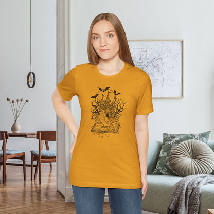 Lovebird on a Spell Book by a Haunted House, Line Art Tee